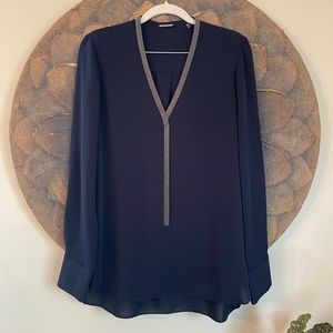 Elie Tahari Emara V-Neck Long-Sleeve Blouse w/ Beaded Trim